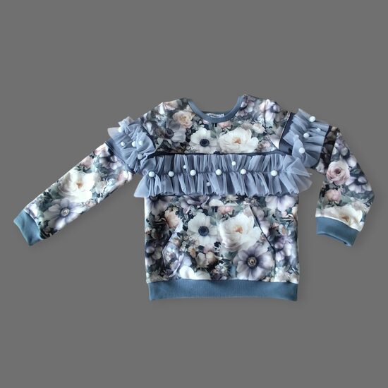 Džemperis "Ziedi"ar tilla un tekstilbumbiņu elementiem